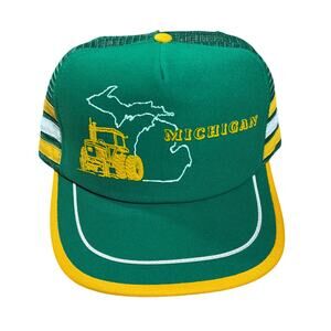 Vintage Michigan Farm Tractor Snapback Trucker Hat Green Yellow 3 Stripe USA